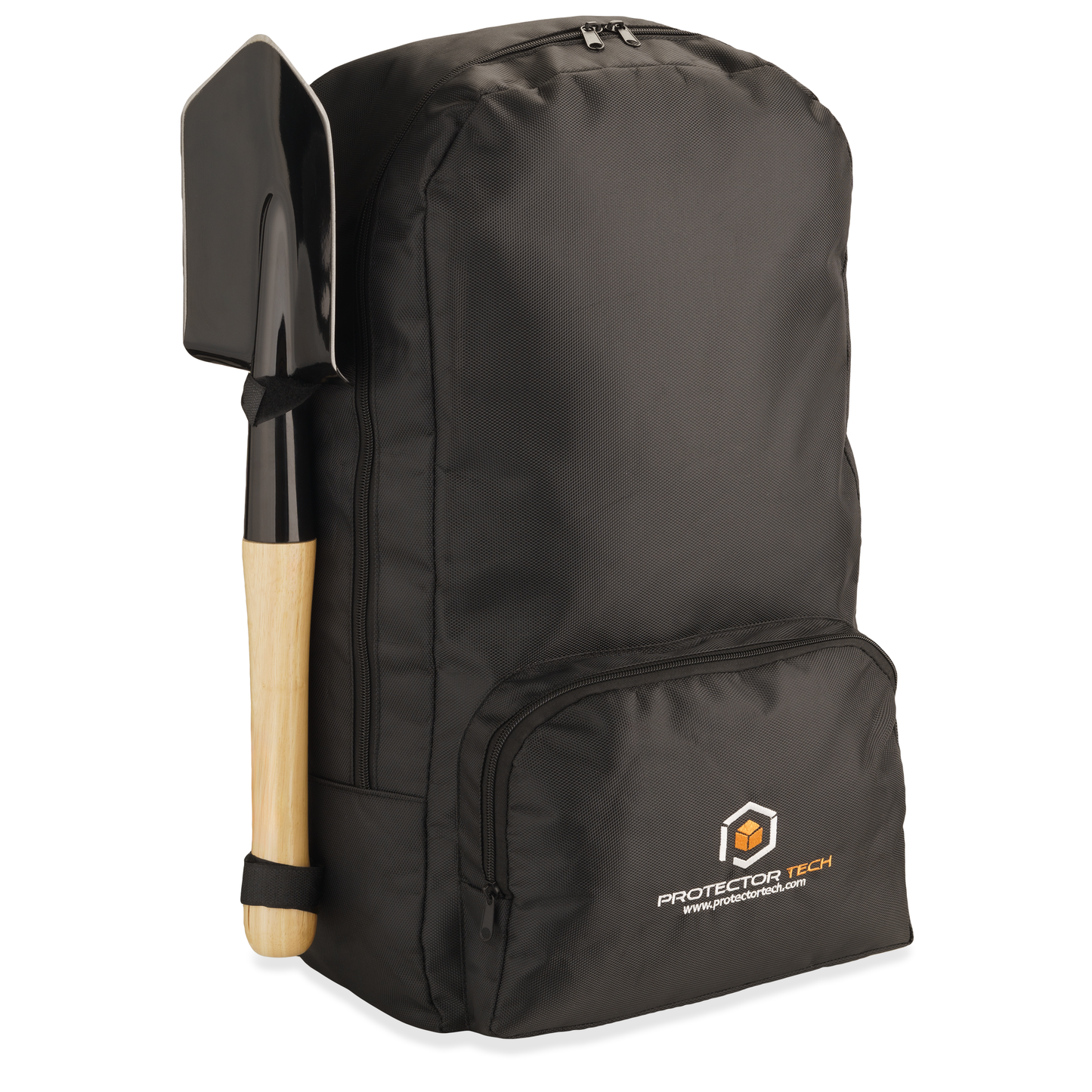 A backpack for a metal detector with a shovel attachment