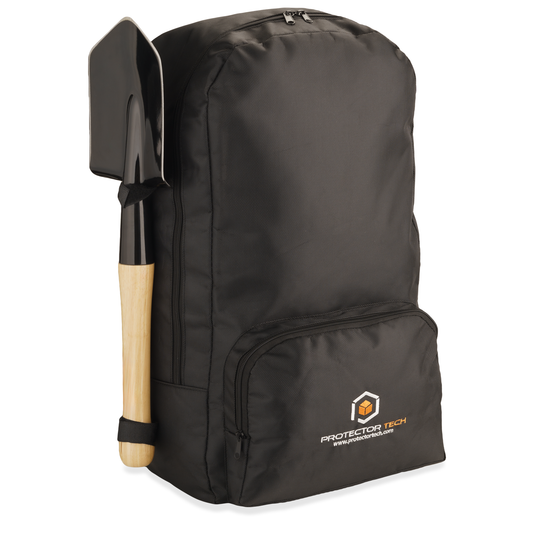 A backpack for a metal detector with a shovel attachment