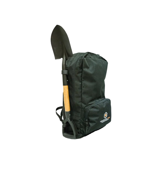A backpack for a metal detector with a shovel attachment